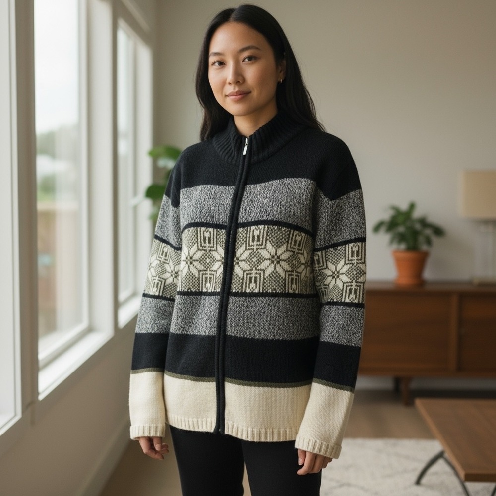 Deane & White‎ Lambswool Nordic Full Zip Cardigan Sweater Women's Medium